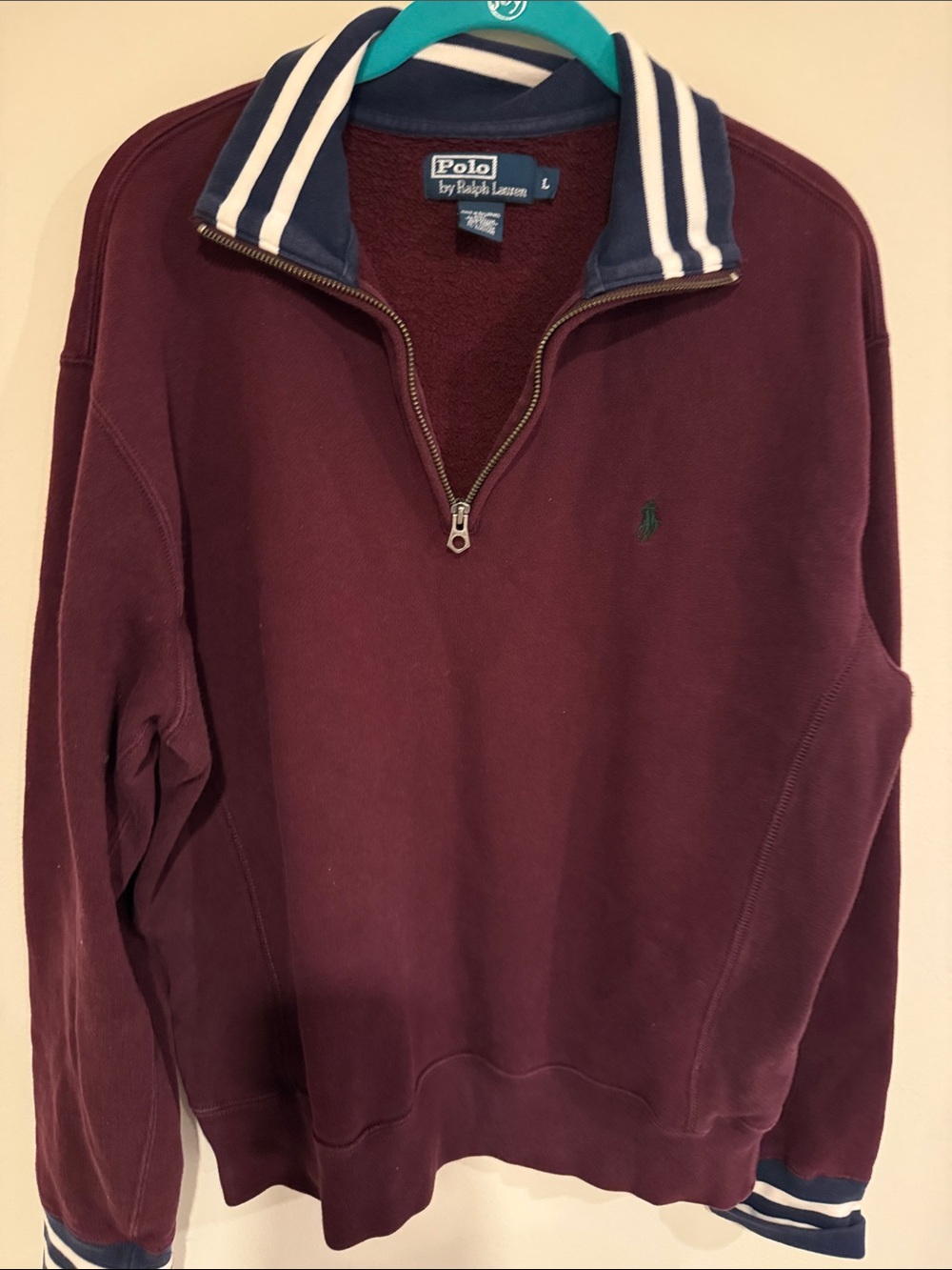 Polo by Ralph Lauren Men's Burgundy Half-Zip Pullover with Navy Trim L